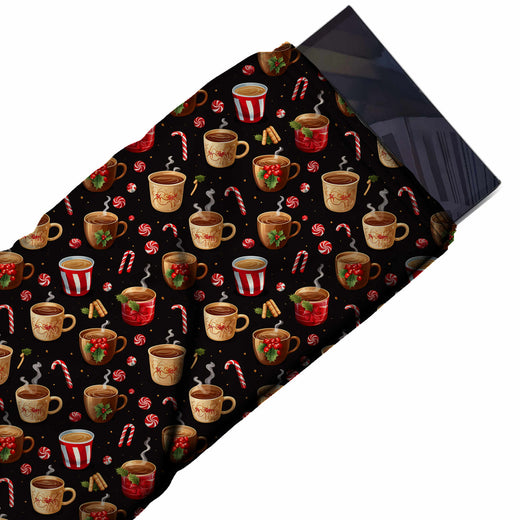 Flat fabric swatch: all-over one-way print of shaded caramel tan and brown mugs of hot, design Design No_4714, Clothwala