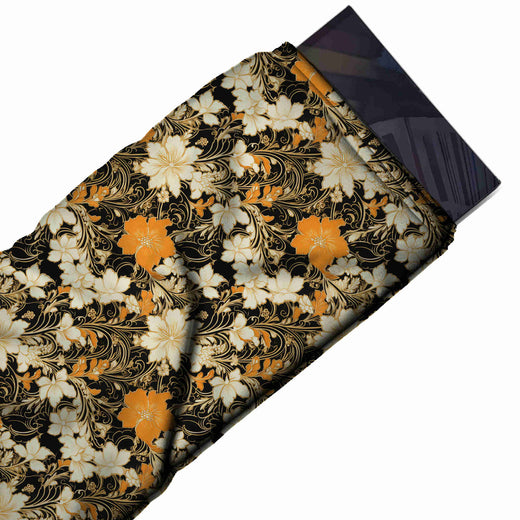 Flat fabric swatch: dense all-over layout of medium cream open flowers and orange blooms, design Design No_4212, Clothwala