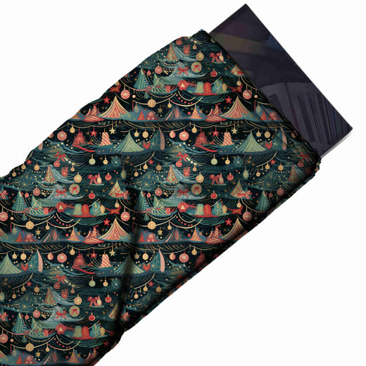 Flat fabric swatch: dense banded all-over print of overlapping teal green fir trees and, design Design No_4913, Clothwala