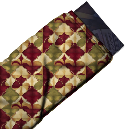 Flat fabric swatch: all-over mirrored tile repeat of medium stepped quatrefoil lantern, design Design No_4239, Clothwala