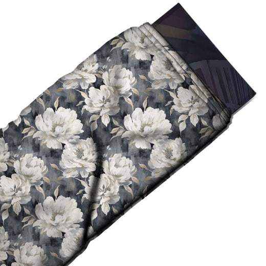 Flat fabric swatch: packed all-over floral of white peonies with pale leaves, design 3537, Clothwala