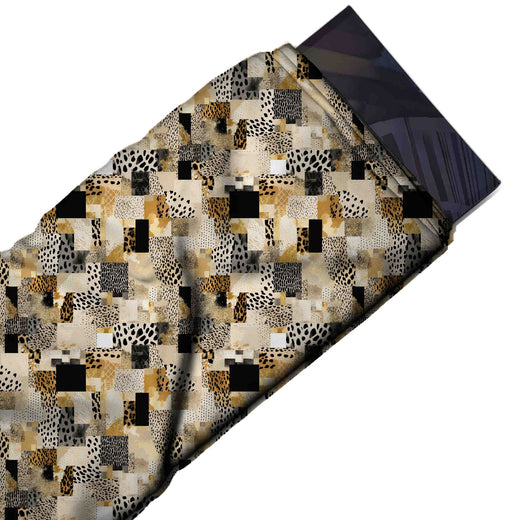 Cream & Black Cheetah Spot Mosaic Printed Moss Crepe Fabric - flat fabric swatch, design Design No_3736, Clothwala