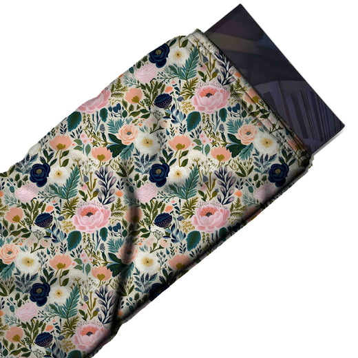Flat fabric swatch: dense all-over garden floral of blush pink peonies, design 3554, Clothwala