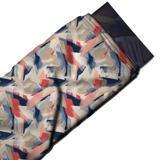 Flat fabric swatch: all-over abstract of layered brushstrokes and torn-edge shapes, design 3505, Clothwala