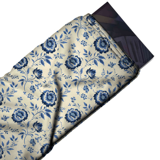 Flat fabric swatch: spaced all-over floral of medium-scale round navy blooms with, design Design No_4567, Clothwala