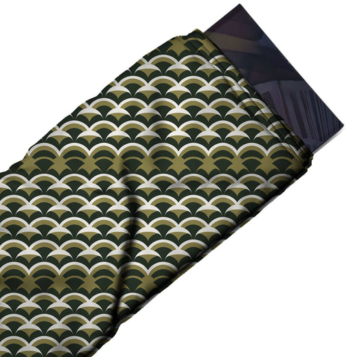 Flat fabric swatch: dense all-over scallop geometric on a dark olive-black ground, design Design No_4179, Clothwala