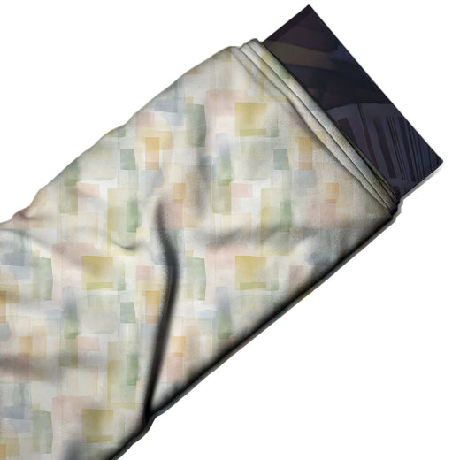 Flat fabric swatch: all-over layered layout of small translucent watercolour squares and, design Design No_4230, Clothwala