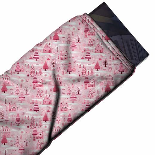 Flat fabric swatch: dense all-over one-way village print of tonal pink cottages, design Design No_4958, Clothwala