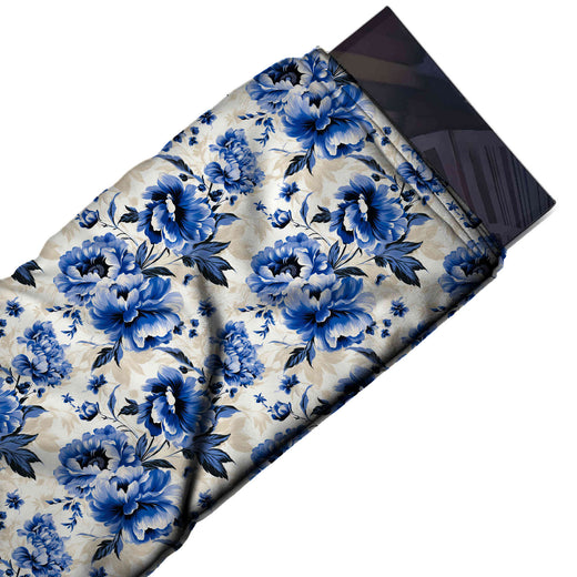 Flat fabric swatch: all-over large-scale floral of shaded cobalt peonies grouped in, design Design No_4562, Clothwala