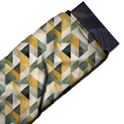 Flat fabric swatch: all-over medium-scale faceted geometric with mustard yellow, design Design No_4326, Clothwala
