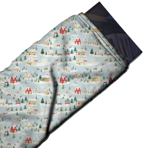 Flat fabric swatch: one-way all-over scenic print of small red and cream yellow houses, design Design No_4652, Clothwala