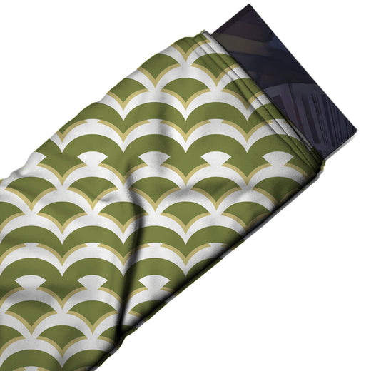Flat fabric swatch: large-scale three-colour scallop geometric of thick olive green, design Design No_4186, Clothwala