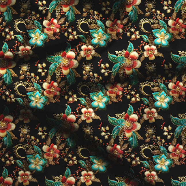 Premium Black Floral Teal Red Embroidery Look Soft Crepe Printed Fabric