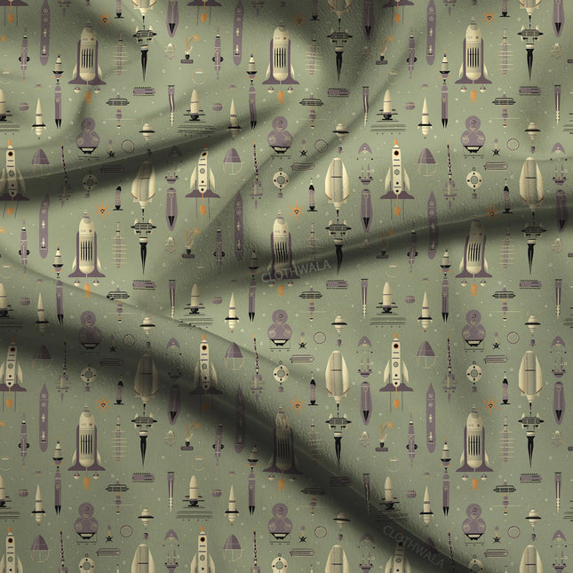 Must-Have Retro Novelty Conversational Rocket Rally Soft Crepe Printed Fabric