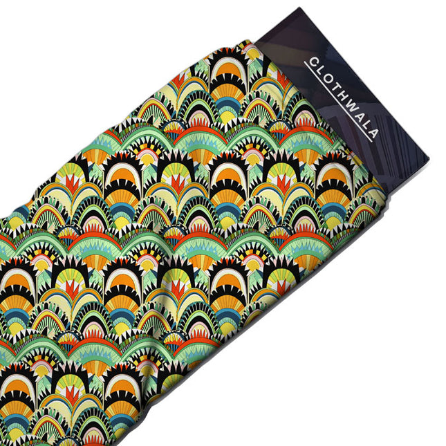 Premium Sunrise Geometric - Retro Rhapsody Scallop Symphony Soft Crepe Printed Fabric