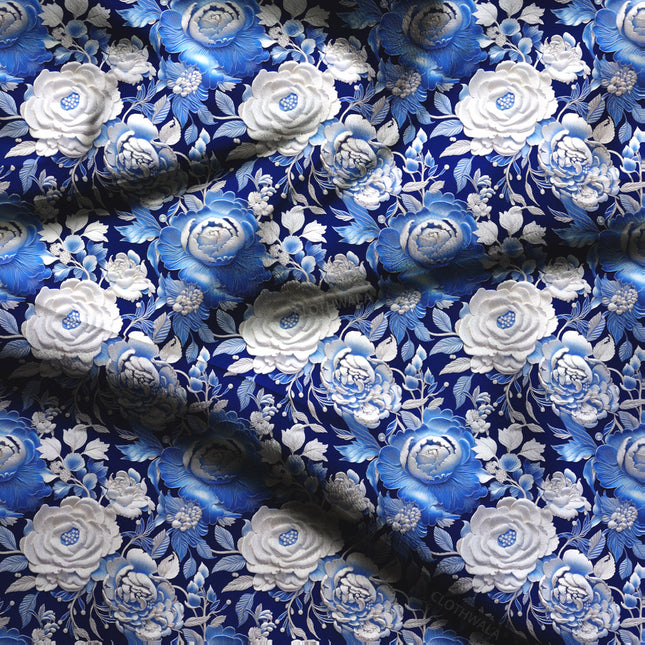 Hotpick Porcelain Floral Petal Waltz Soft Crepe Printed Fabric