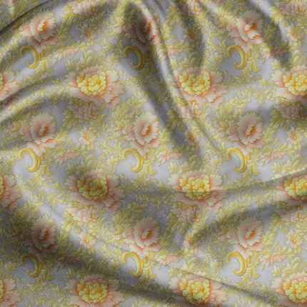 Must-Have Peach Floral Elegance uSoft Satin Printed Fabric