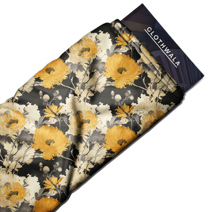 Hotpick Golden Floral Poppy Nocturne uSoft Satin Printed Fabric