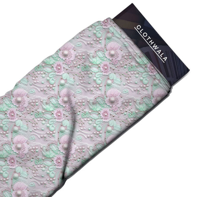 Trendy Mint Floral Delicacy Macaron Blooms Soft Crepe Printed Fabric
