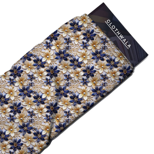 Hotpick Golden Floral Azure Harmony Soft Crepe Printed Fabric