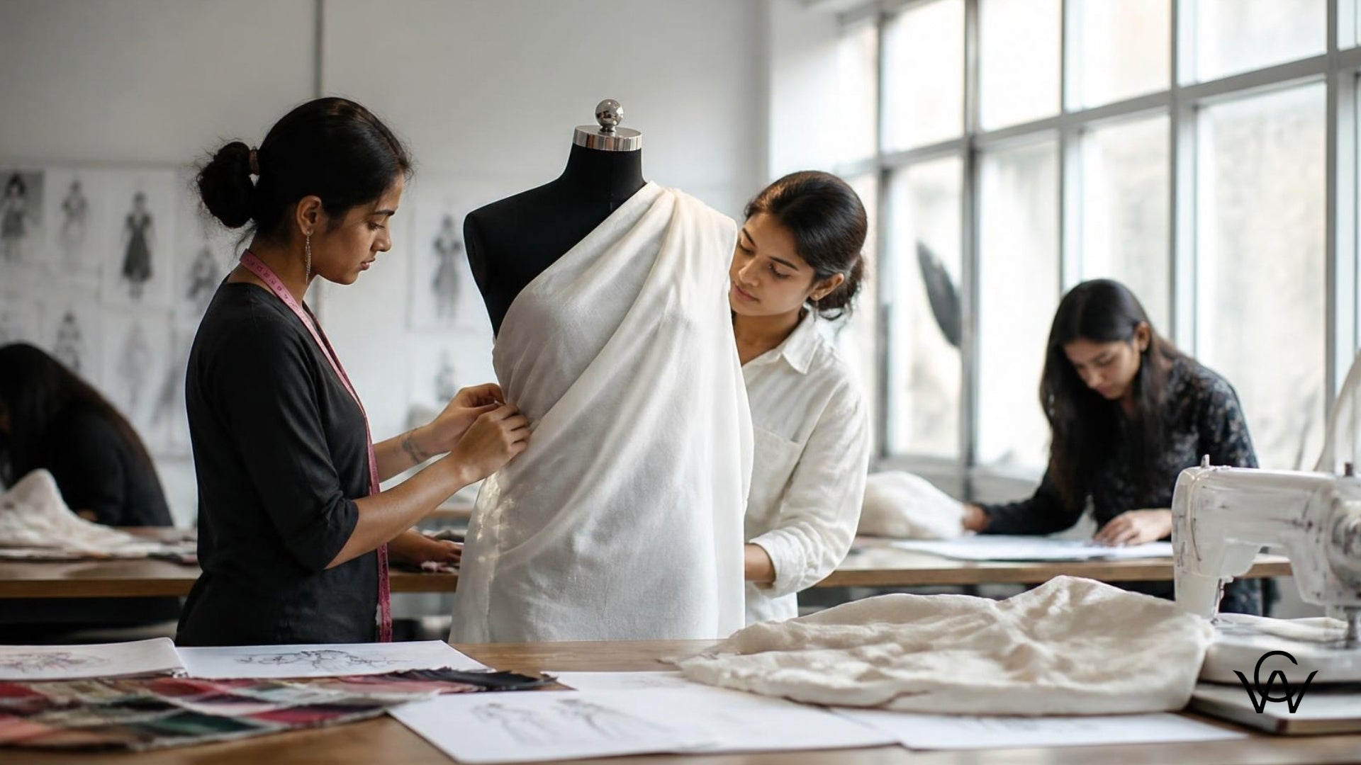 Fashion design students draping fabric on a mannequin in a design studio, representing Clothwala's guide to top fashion design institutes in Ahmedabad