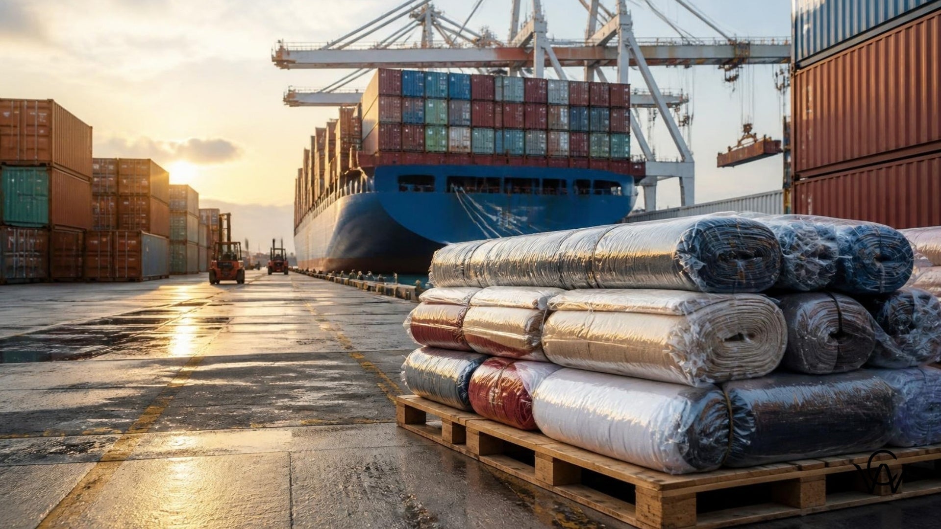 Container port with fabric bales ready for export, Clothwala global textile trade