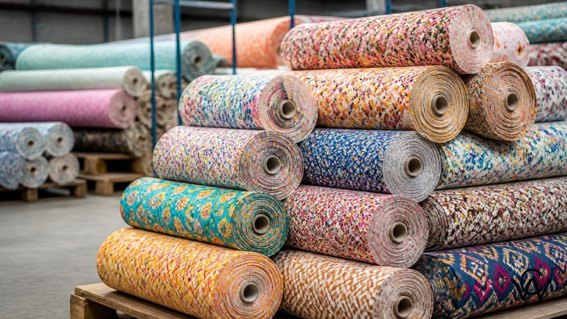 Stacked fabric rolls in a textile warehouse, Clothwala