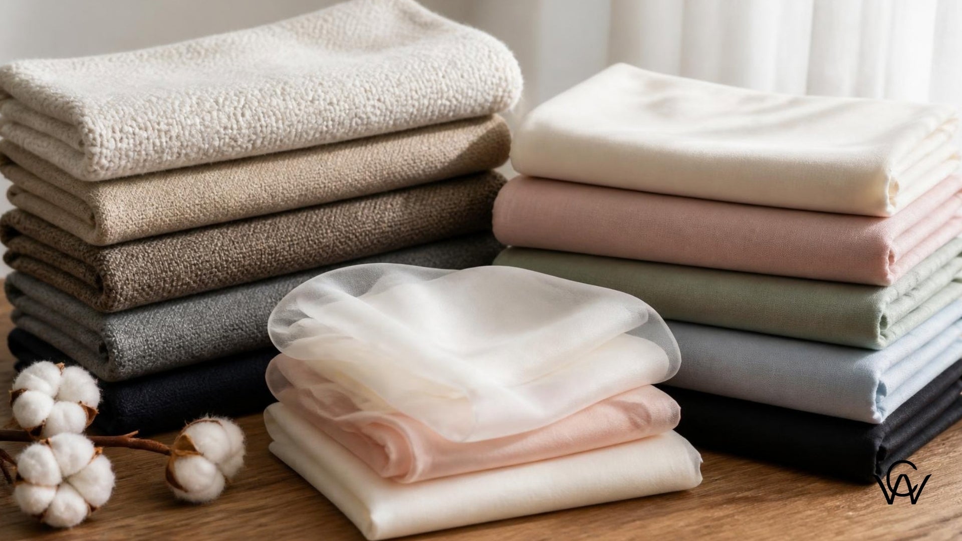 Assorted folded fabric swatches including cotton, silk, wool and chiffon for Clothwala fabric care guide