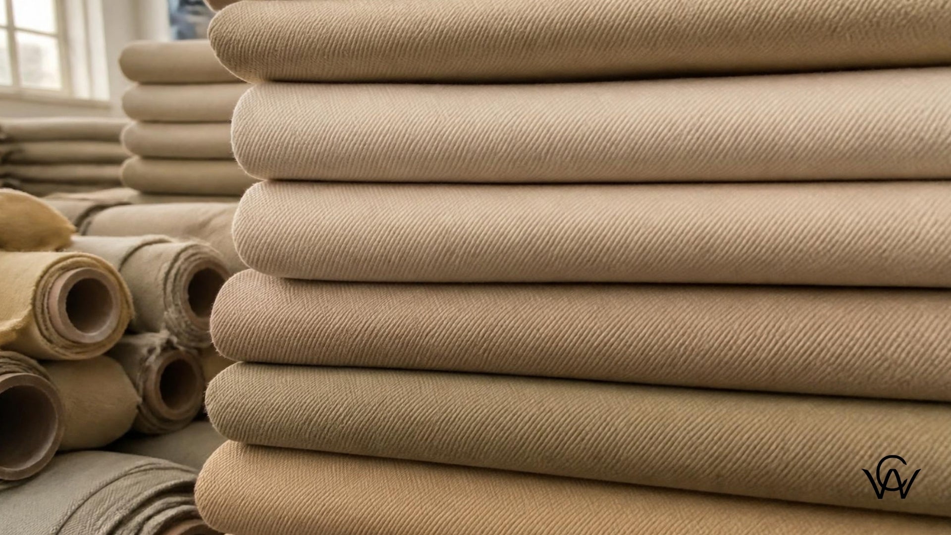 Close-up of cotton twill fabric diagonal weave texture with folded bolts at Clothwala fabric warehouse