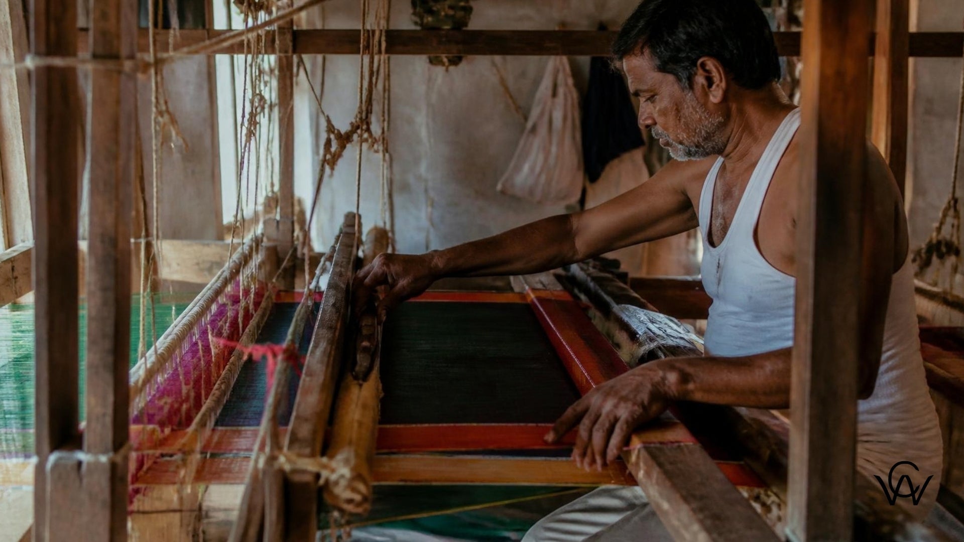 Indian artisan weaving handloom fabric by hand on a traditional wooden loom, Clothwala