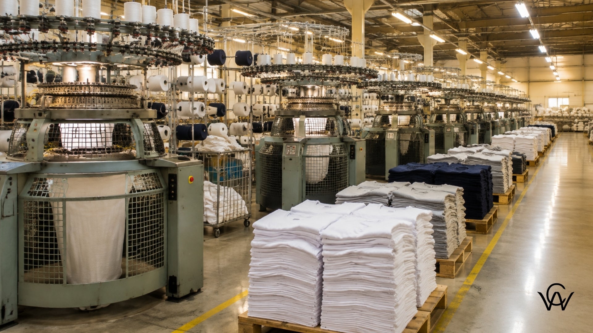 Knitwear garment export factory floor with circular knitting machines in Tiruppur, sourced via Clothwala