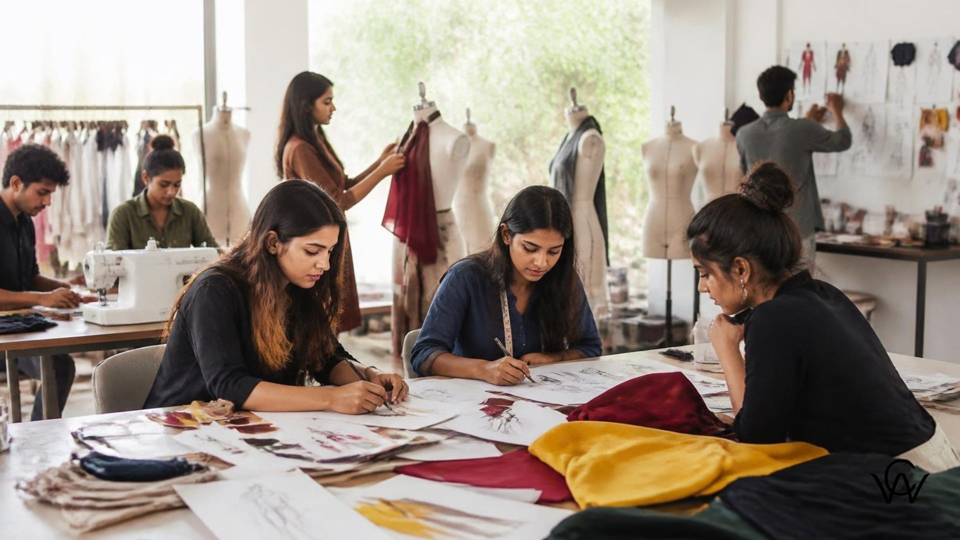 Fashion design students working in a Bengaluru design studio, sourced through Clothwala
