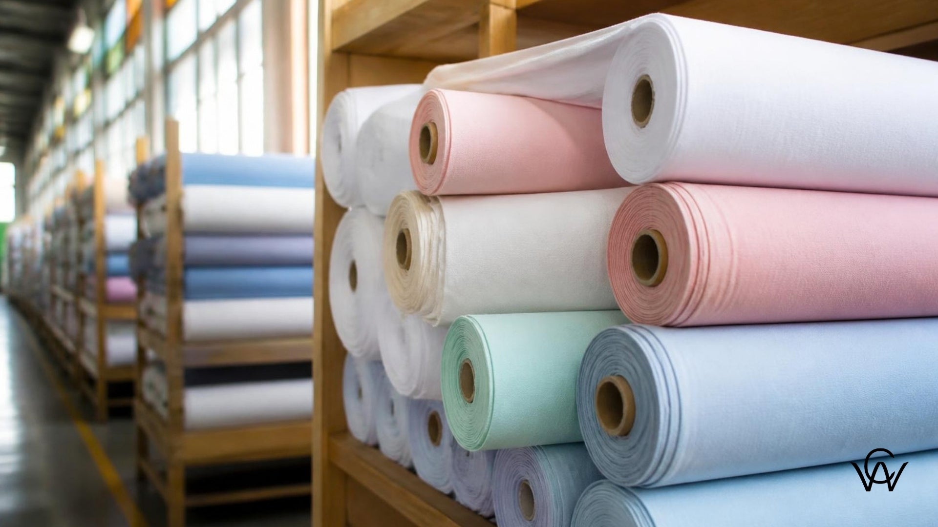 Rolls of crisp cotton poplin fabric stacked on shelves in a Clothwala textile warehouse