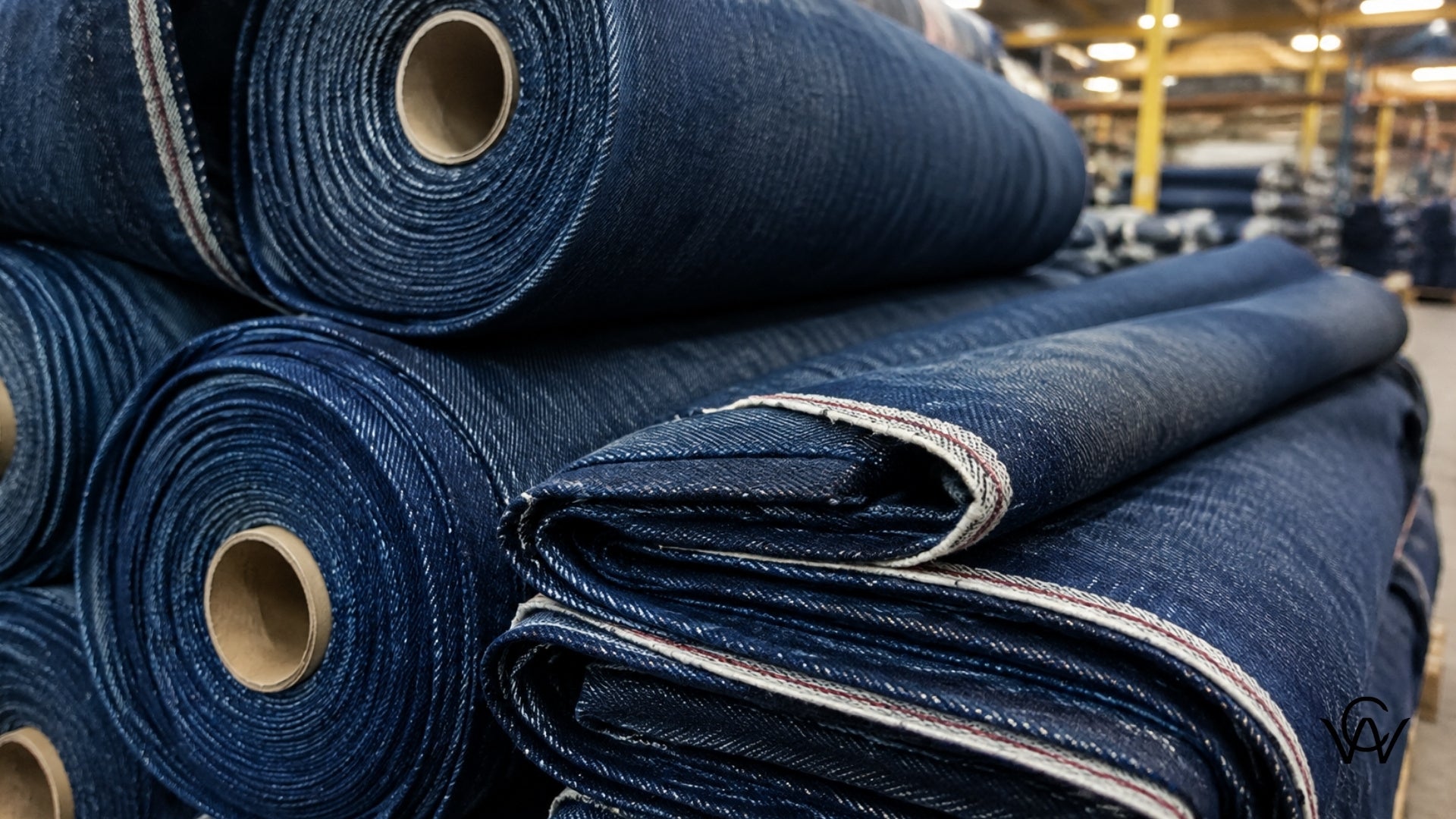 Stacked rolls of indigo blue denim fabric in a Clothwala textile warehouse