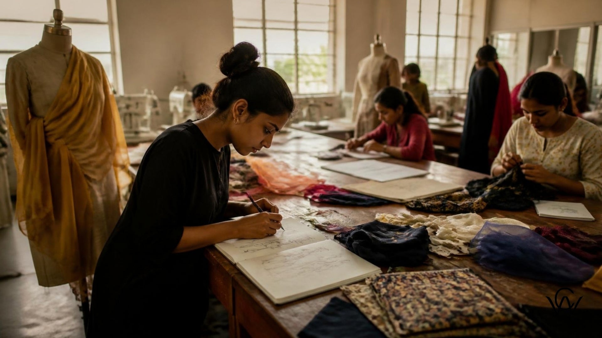 Fashion design students working at a studio in Kolkata, India - Clothwala