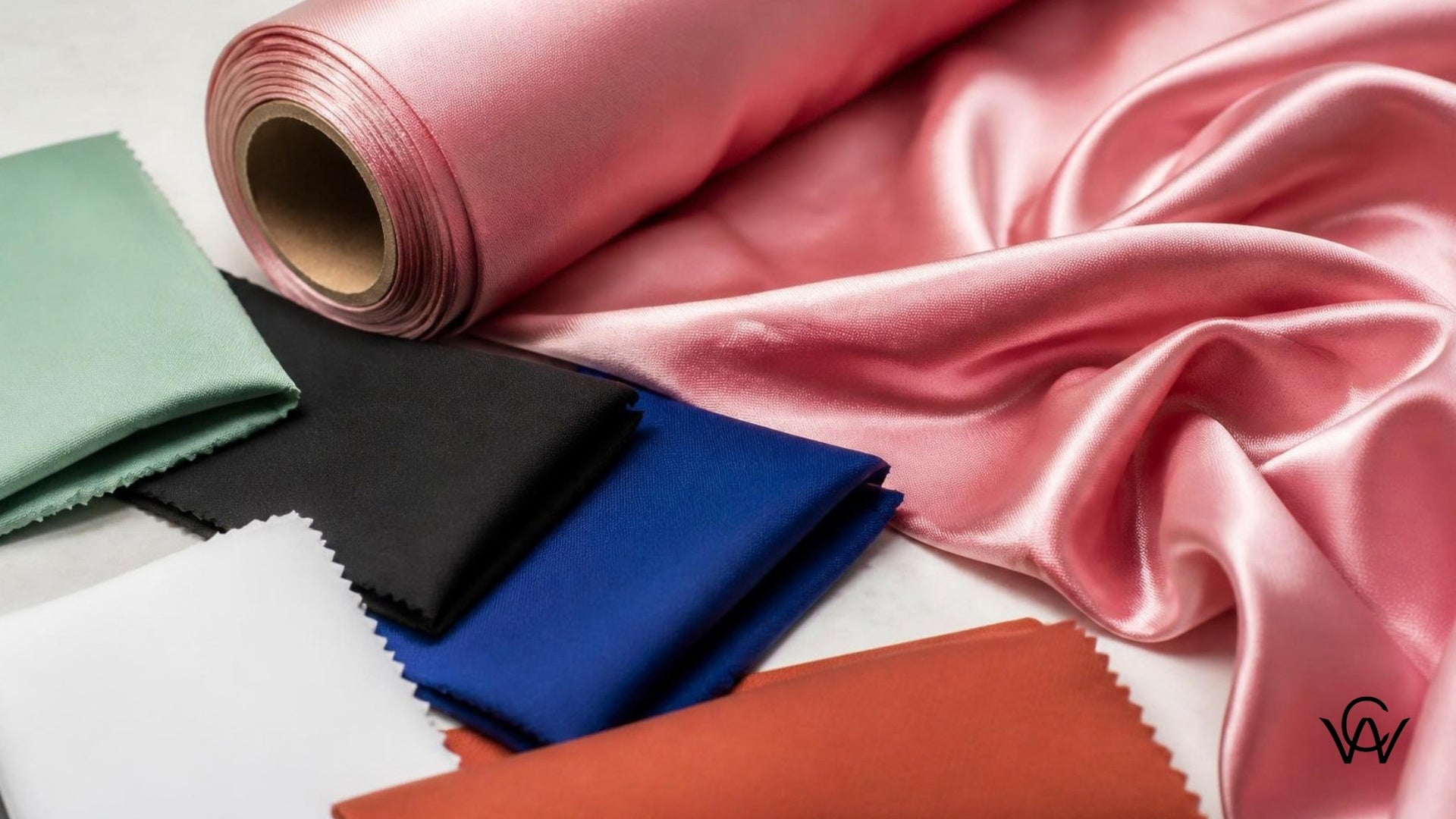 Pink satin fabric roll with coordinating mint, black, cobalt, and terracotta fabric swatches styled together at Clothwala