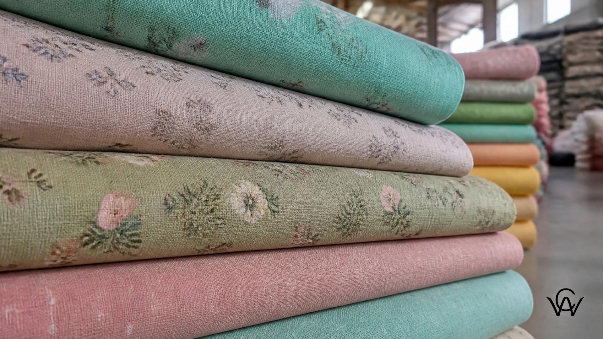 Folded bolts of soft pastel cotton lawn fabric in a textile mill, representing Clothwala's cotton lawn fabric guide