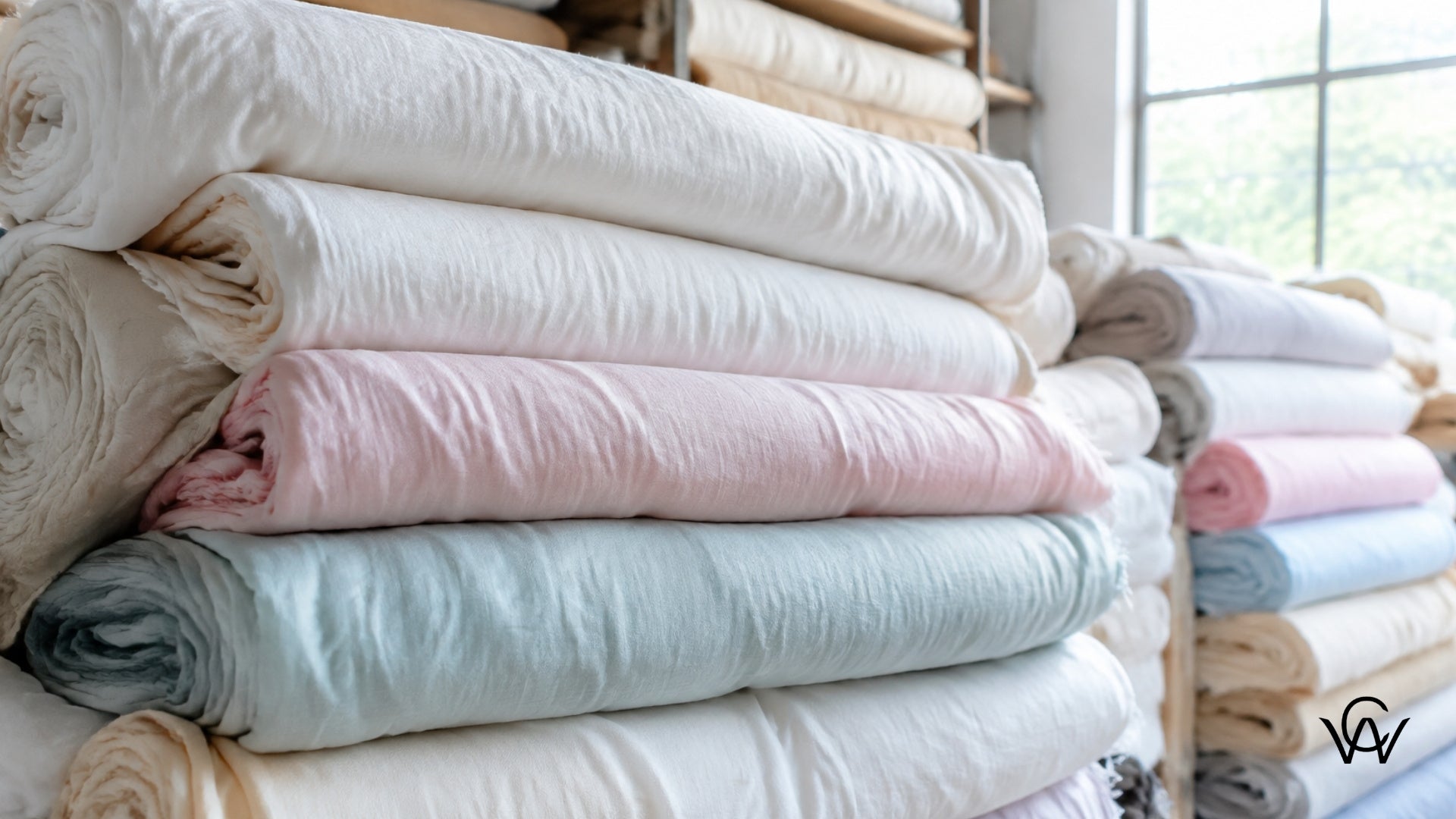 Soft pastel muslin (mulmul) cotton fabric rolls stacked in a Clothwala textile warehouse