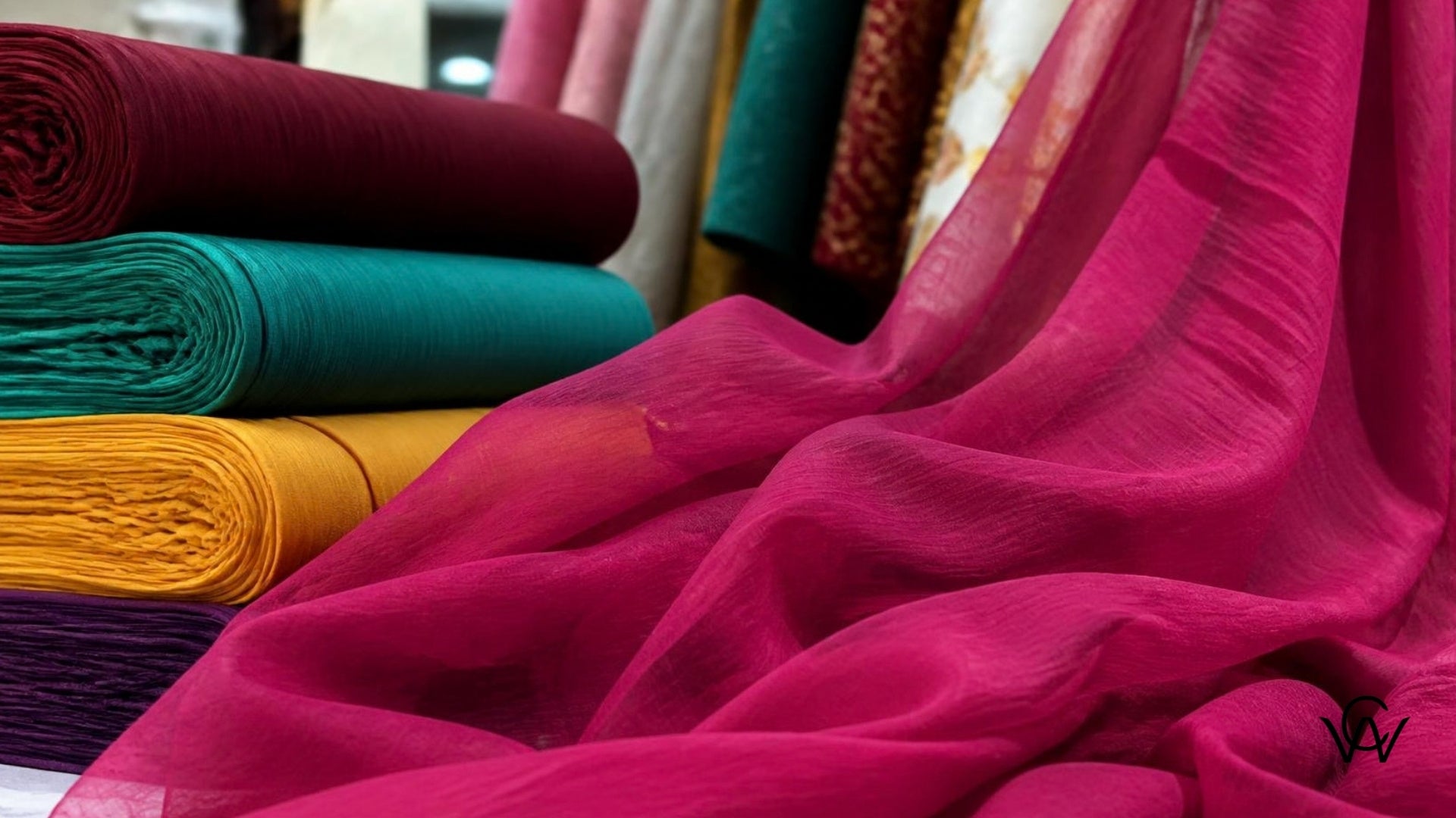 Georgette fabric rolls in a wholesale textile showroom in India - Clothwala