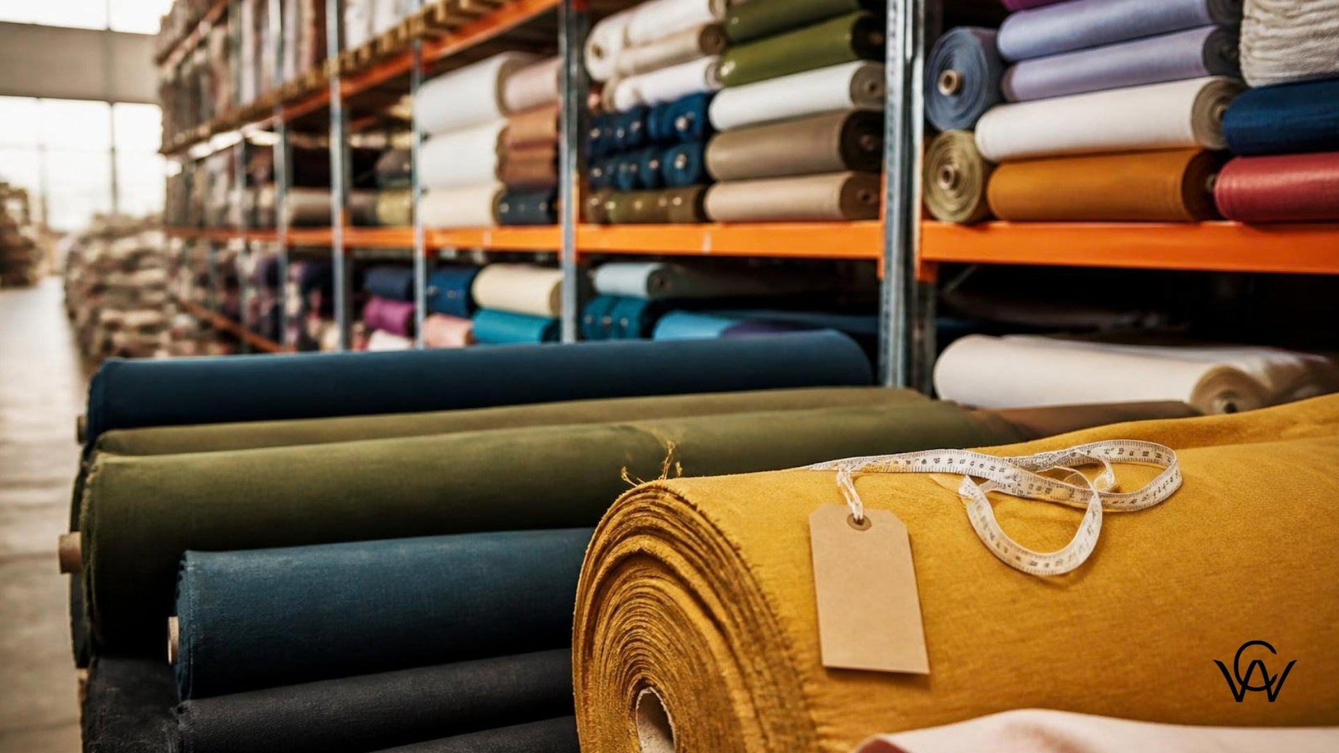 Wholesale fabric rolls stacked in a Clothwala textile warehouse showing bulk pricing comparison