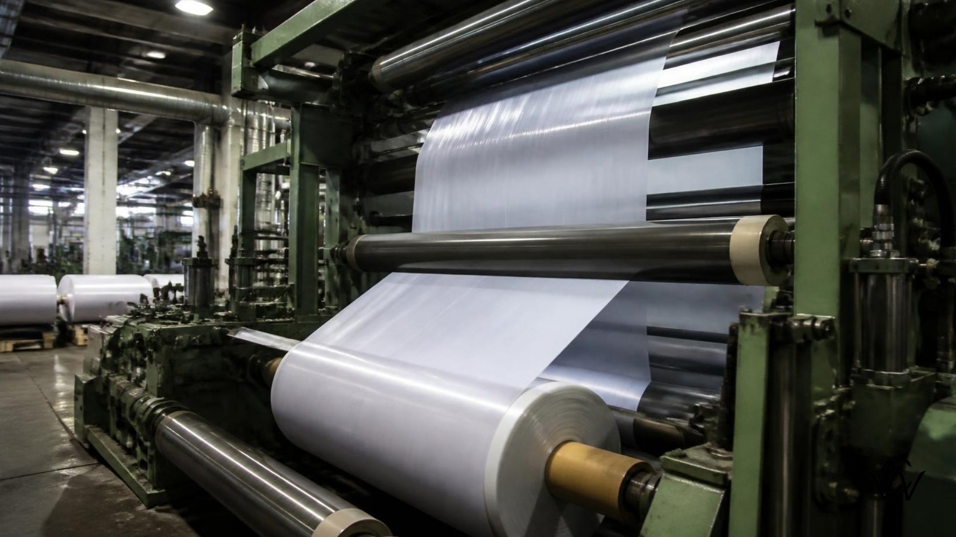 Fabric finishing calendaring machine in a textile mill smoothing rolls of finished fabric, Clothwala