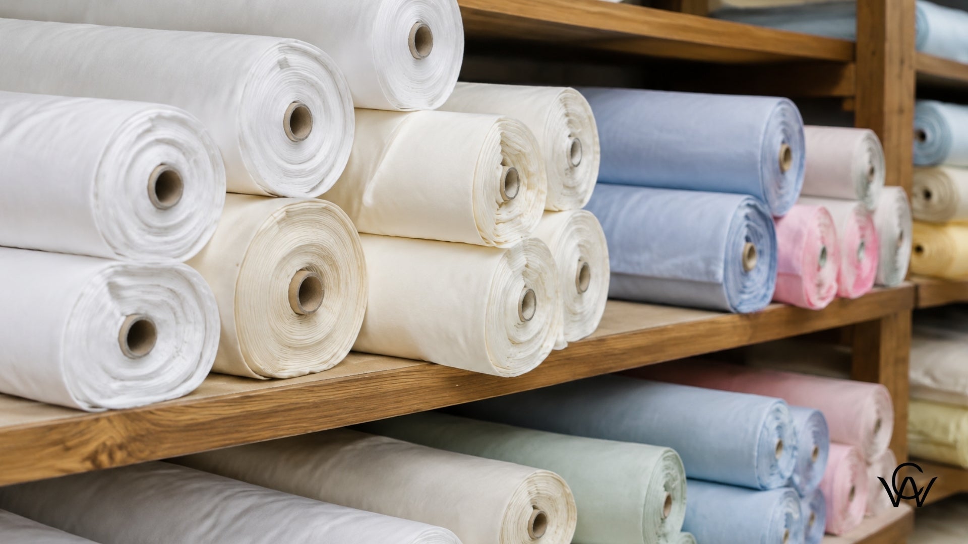 Smooth cotton cambric fabric rolls stacked on shelves, sourced via Clothwala