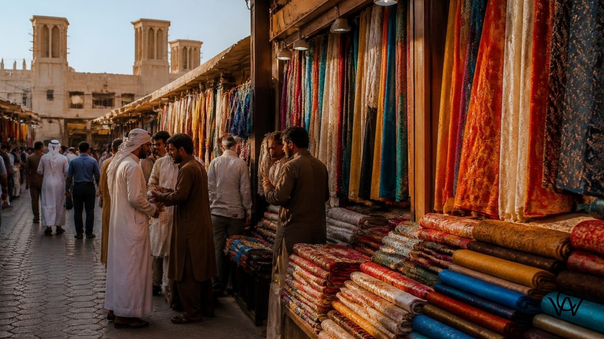 Vibrant fabric and textile market street in Dubai with colorful rolls of cloth, relevant to Clothwala's export guide