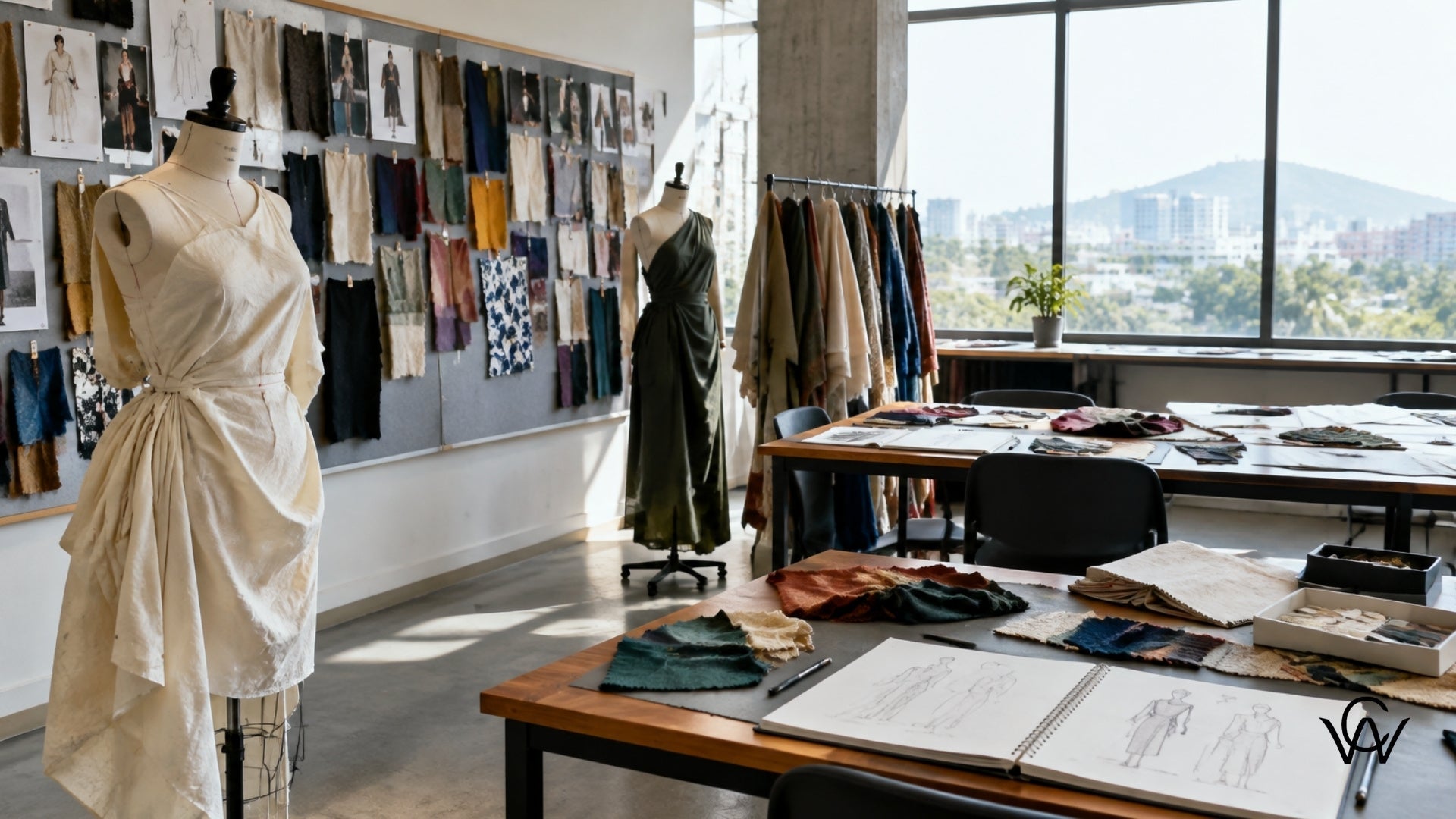 Fashion design studio classroom with fabric swatches and a draped mannequin at a Pune design institute