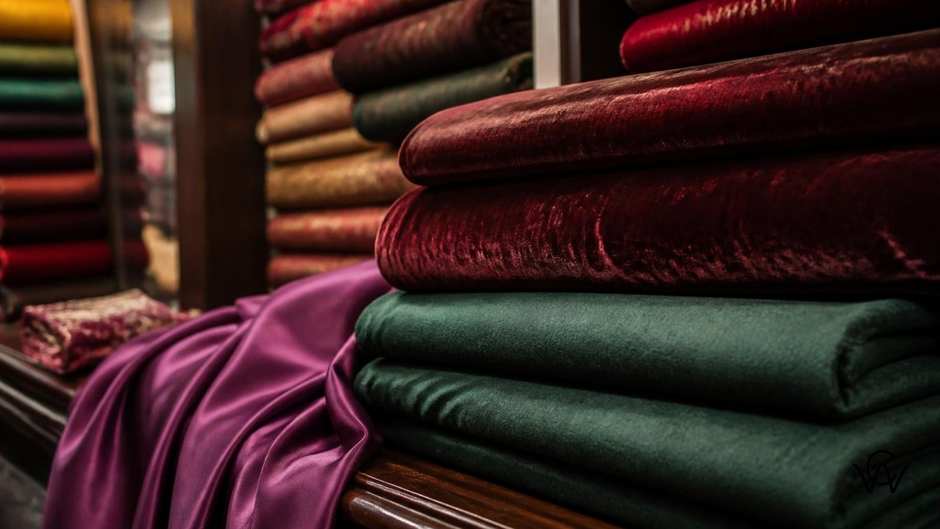 Rich jewel-toned velvet, wool and satin fabric bolts at Clothwala, showcasing top trending winter 2026-27 fabrics