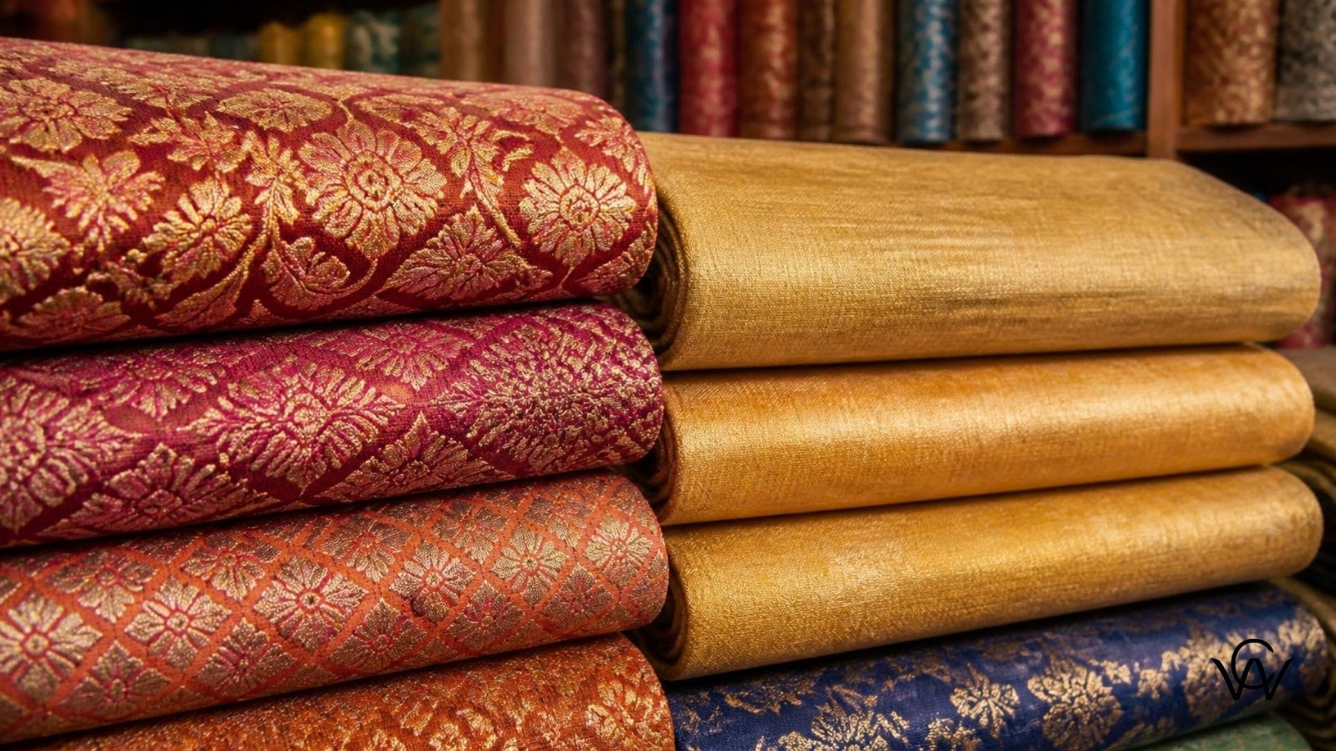 Silk fabric rolls including mulberry, tussar and Banarasi silk, sourced through Clothwala