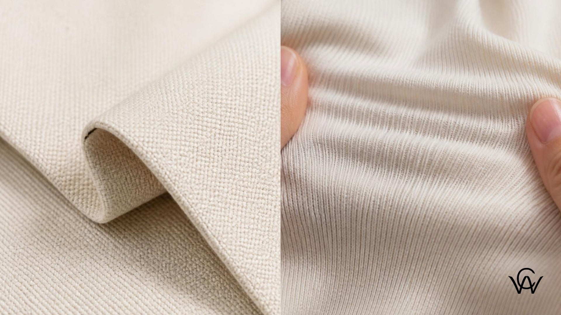 Close-up comparison of woven cotton poplin fabric and knitted ribbed jersey fabric, Clothwala fabric guide