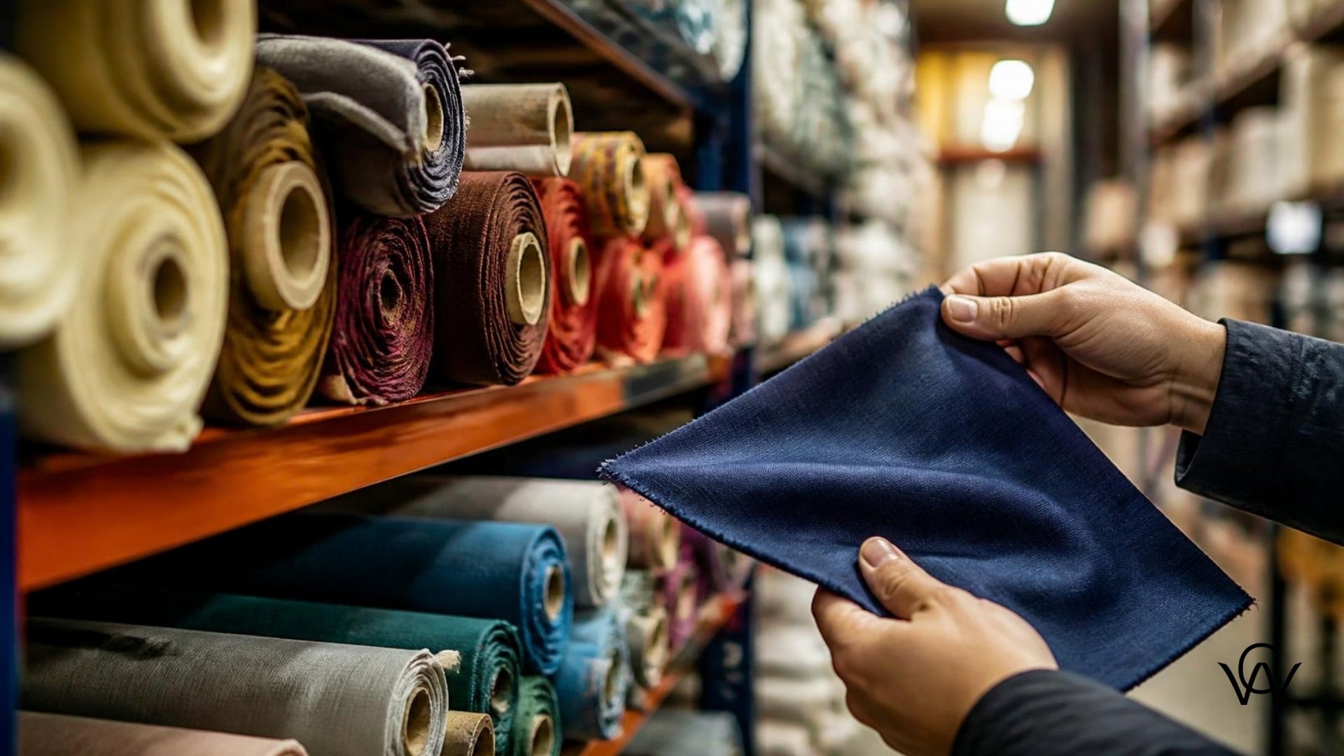 Fabric sourcing warehouse with rolls of wholesale fabric being inspected - Clothwala fabric photography