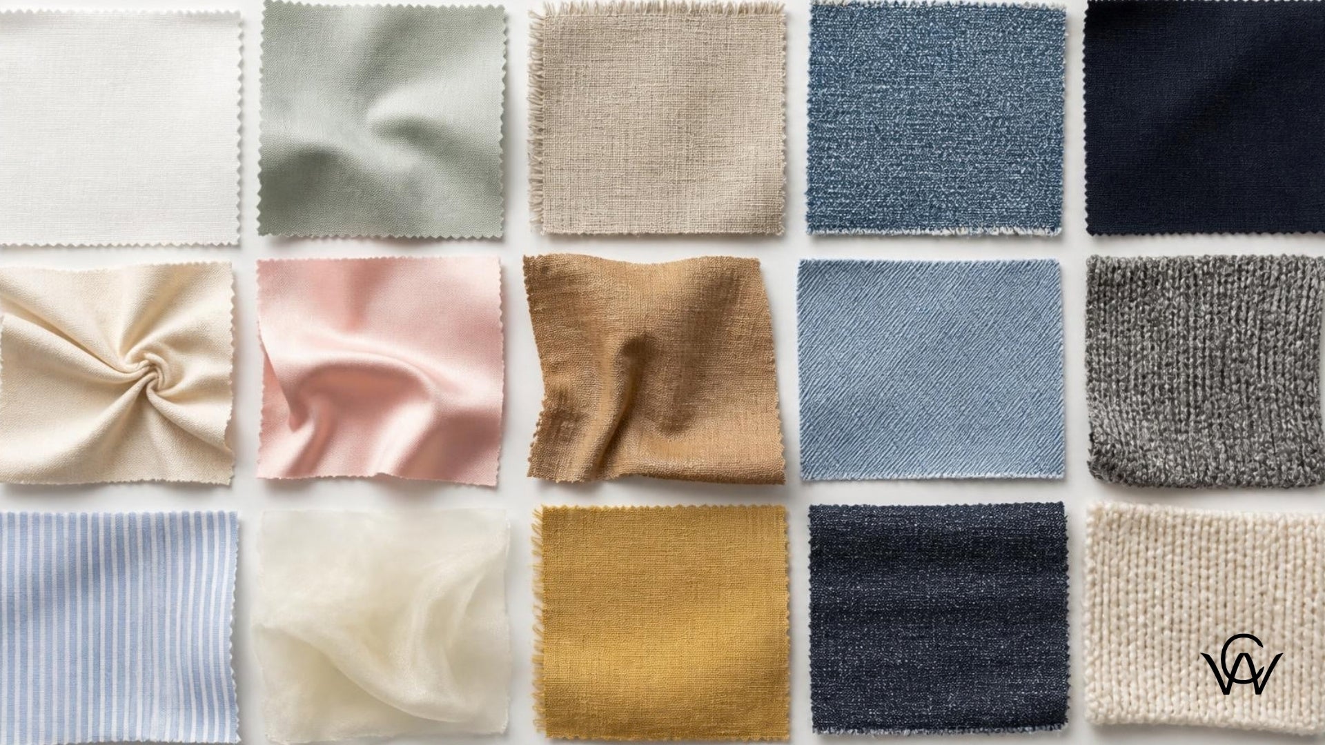 Assortment of fabric type swatches including cotton, silk, linen, denim and knit - Clothwala fabric photography