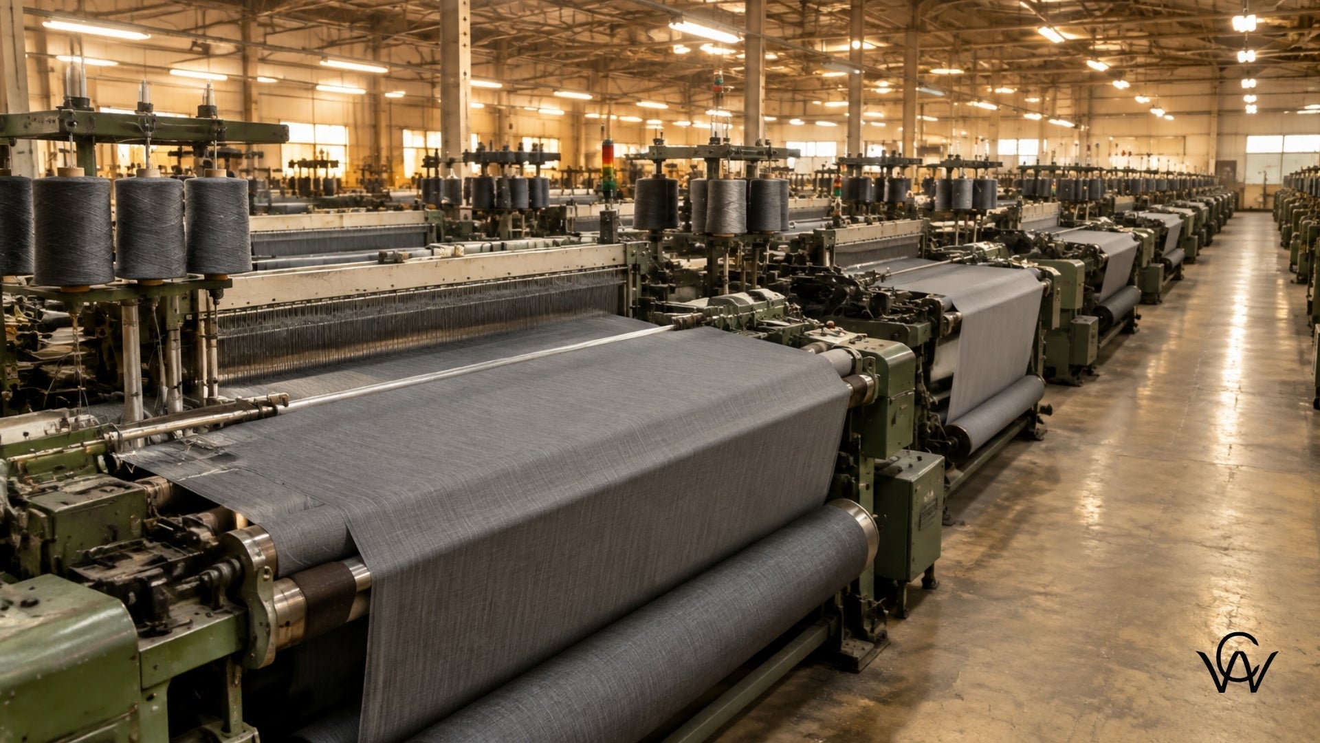 Power looms weaving polyester-viscose suiting fabric at a textile mill in Bhilwara, sourced via Clothwala